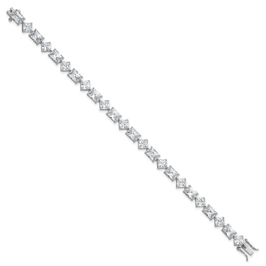Sterling Silver Rhodium-plated Polished Fancy Princess and Emerald-cut CZ 7.25 Inch Bracelet