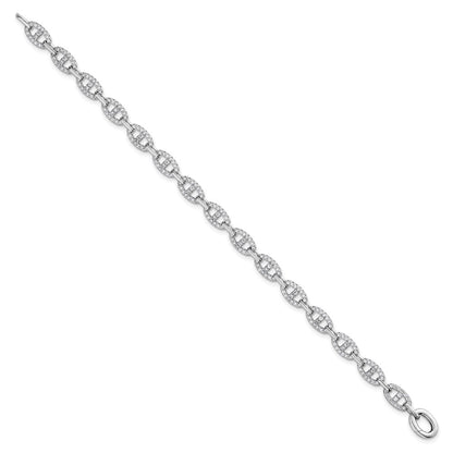 Sterling Silver Rhodium-plated Polished CZ Anchor/Mariner Link 7.25 inch Bracelet