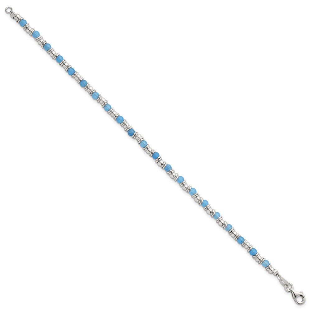 Sterling Silver Polished Blue Agate Beaded 7.5 inch Bracelet