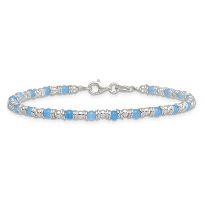 Sterling Silver Polished Blue Agate Beaded 7.5 inch Bracelet
