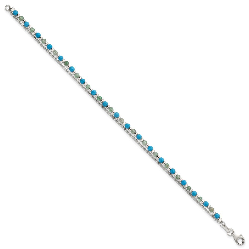 Sterling Silver Green Aventurine and Turquoise Beaded Bracelet
