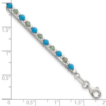 Sterling Silver Polished Green Aventurine and Turquoise Beaded Double Strand 7.5 inch Bracelet
