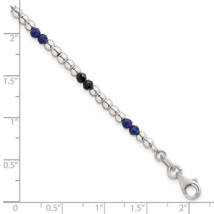 Sterling Silver Polished Blue Agate and Spinel Beaded 7.5 inch Bracelet
