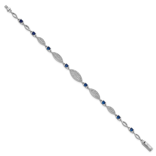 Sterling Silver Rhodium-plated Marquise Blue and White CZ Oval Link 7 inch Bracelet