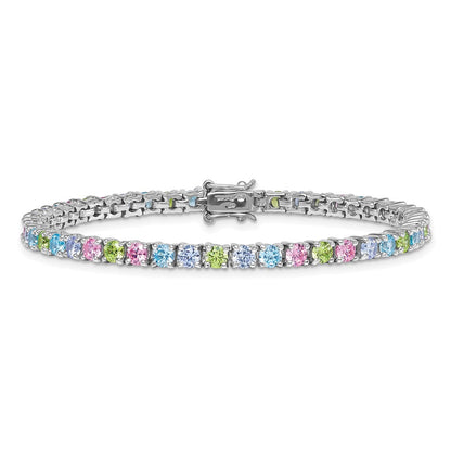 Sterling Silver Rhodium-plated Polished Pastel Green, Pink, Blue and Purple CZ 7.25 inch Bracelet