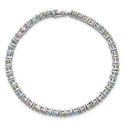 Sterling Silver Rhodium-plated Polished Pastel Green, Pink, Blue and Purple CZ 7.25 inch Bracelet