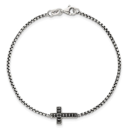 Sterling Silver Polished and Antiqued Black CZ Cross 7.5 inch Bracelet