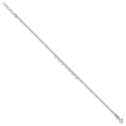 Sterling Silver Beaded Hearts Double Strand 9 inch with 1 inch Extender - Total 10 inch Anklet