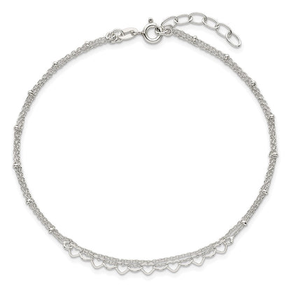 Sterling Silver Beaded Hearts Double Strand 9 inch with 1 inch Extender - Total 10 inch Anklet