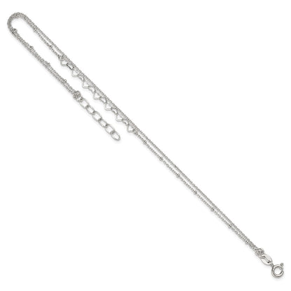 Sterling Silver Beaded Hearts Double Strand 9 inch with 1 inch Extender - Total 10 inch Anklet