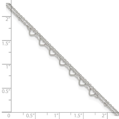 Sterling Silver Beaded Hearts Double Strand 9 inch with 1 inch Extender - Total 10 inch Anklet