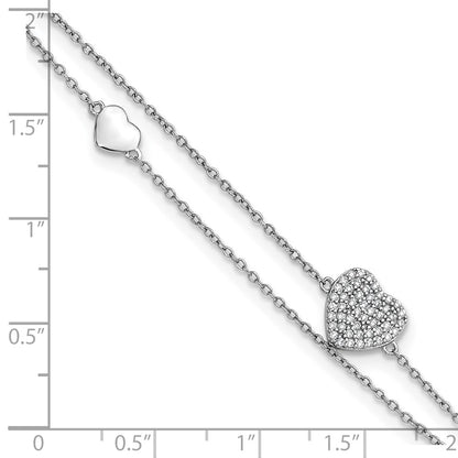 Sterling Silver Rhodium-plated CZ Heart 2-Strand 9 inch Plus 1 inch Extender - Total 10 inch Anklet