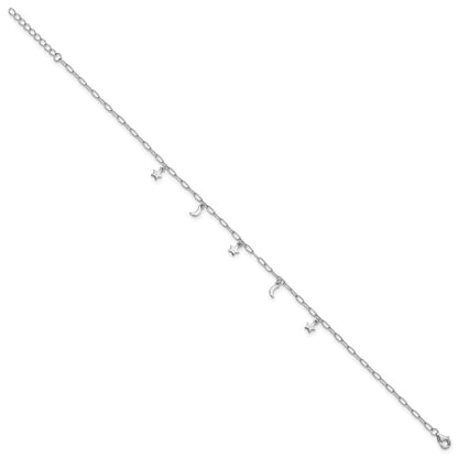 Sterling Silver Rhodium-plated Moon and Star 9 inch Plus 1 inch Extender - Total 10 inch Anklet