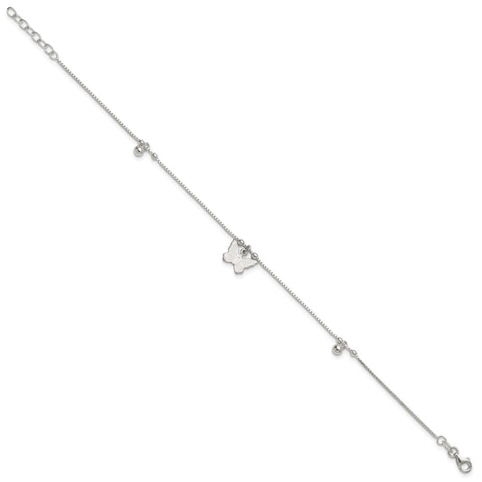 Sterling Silver Beaded Butterfly 9 inch Plus 1 inch Extender - Total 10 inch Anklet