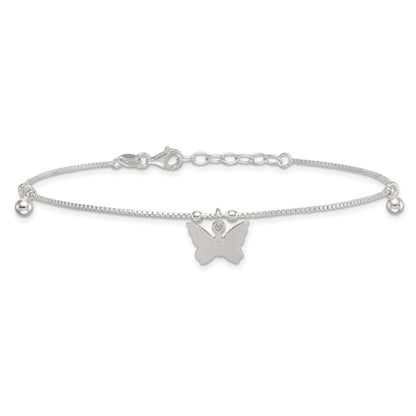 Sterling Silver Beaded Butterfly 9 inch Plus 1 inch Extender - Total 10 inch Anklet