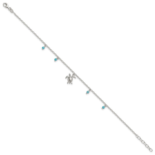 Sterling Silver Turquoise Beads and Turtle 9 inch Plus 1 inch Extender - Total 10 inch Anklet