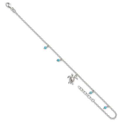 Sterling Silver Turquoise Beads and Turtle 9 inch Plus 1 inch Extender - Total 10 inch Anklet