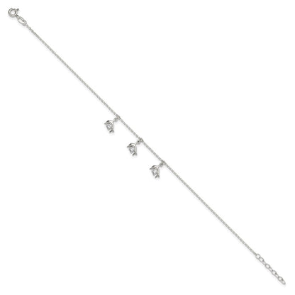 Sterling Silver CZ Dolphin Charms 9 inch Plus 1 inch Extender - Total 10 inch Anklet