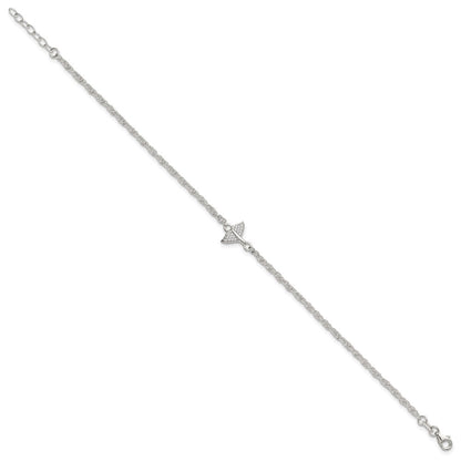 Sterling Silver CZ Whale Tail 9 inch Plus 1 inch Extender - Total 10 inch Anklet