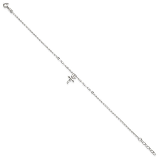 Sterling Silver CZ Palm Tree 9 inch Plus 1 inch Extender - Total 10 inch Anklet