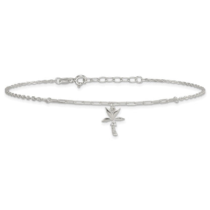 Sterling Silver CZ Palm Tree 9 inch Plus 1 inch Extender - Total 10 inch Anklet