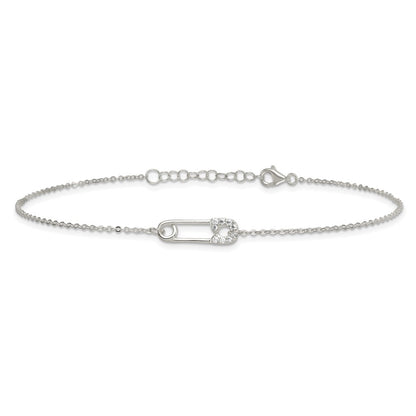 Sterling Silver CZ Safety Pin 9 Inch Plus 1 Inch Extender - Total 10 inch Anklet