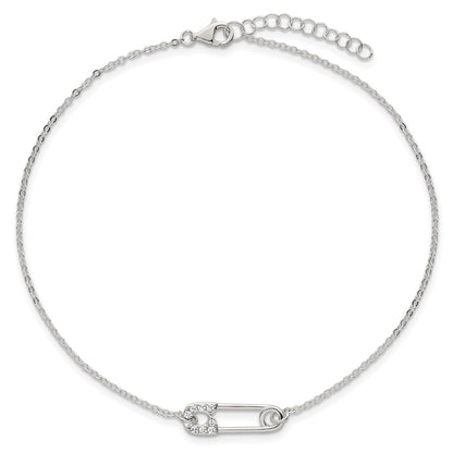 Sterling Silver CZ Safety Pin 9 Inch Plus 1 Inch Extender - Total 10 inch Anklet