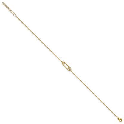 Sterling Silver Gold-tone CZ Safety Pin 9 inch Plus 1 inch Extender - Total 10 inch Anklet