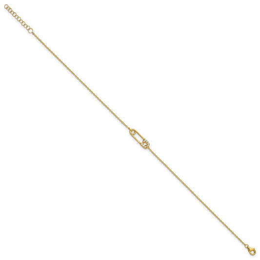 Sterling Silver Gold-tone CZ Safety Pin 9 inch Plus 1 inch Extender - Total 10 inch Anklet