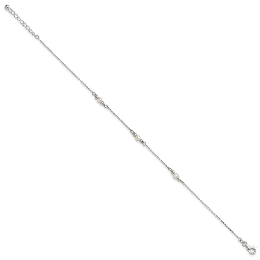 Sterling Silver Beaded and Acrylic Pearl 9 inch Plus 1 inch Extender - Total 10 inch Anklet