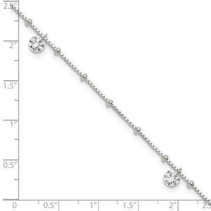 Sterling Silver Beaded CZ 9 inch Plus 1 inch Extender - Total 10 inch Anklet