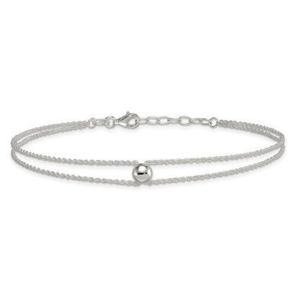 Sterling Silver 2-Strand Bead 9 inch Plus 1 inch Extender - Total 10 inch Anklet