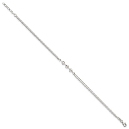 Sterling Silver Beaded 2-Strand 9 inch Plus 1 inch Extender - Total 10 inch Anklet