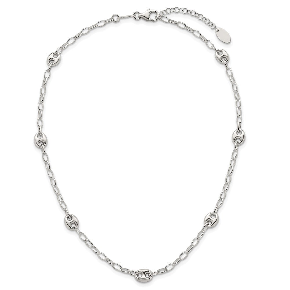 Sterling Silver Puffed Anchor/Mariner Link and Chain 7-Station 17 inch with 1.5 inch Extension Necklace