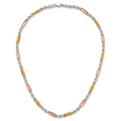 Sterling Silver Rose-tone and Gold-tone Polished 4.5mm Figaro Rope 18 Inch Necklace