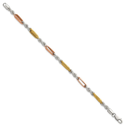 Sterling Silver Rose-tone and Gold-tone Polished 4.5mm Figaro Rope 7.5 Inch Bracelet