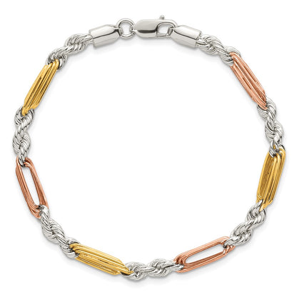 Sterling Silver Rose-tone and Gold-tone Polished 4.5mm Figaro Rope 7.5 Inch Bracelet