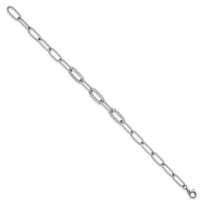 Sterling Silver Rhodium-plated Polished Fancy CZ Paperclip Chain 7 Inch Bracelet