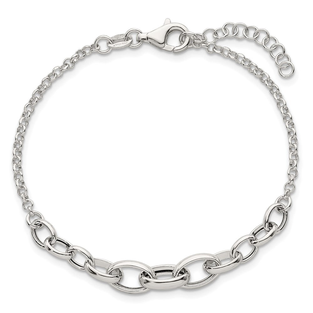 Sterling Silver Polished Fancy Graduated Cable Link 7 Inch with 1 Inch Extension Bracelet