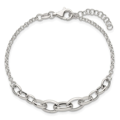 Sterling Silver Polished Fancy Graduated Cable Link 7 Inch with 1 Inch Extension Bracelet