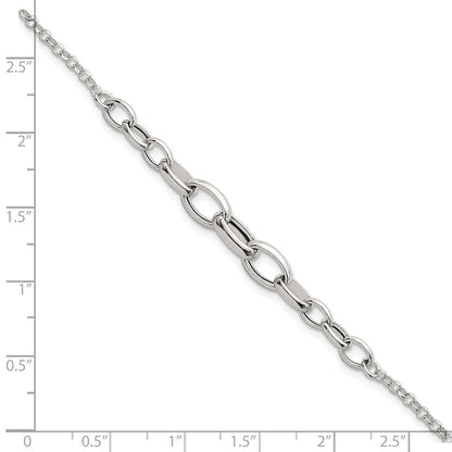 Sterling Silver Polished Fancy Graduated Cable Link 7 Inch with 1 Inch Extension Bracelet