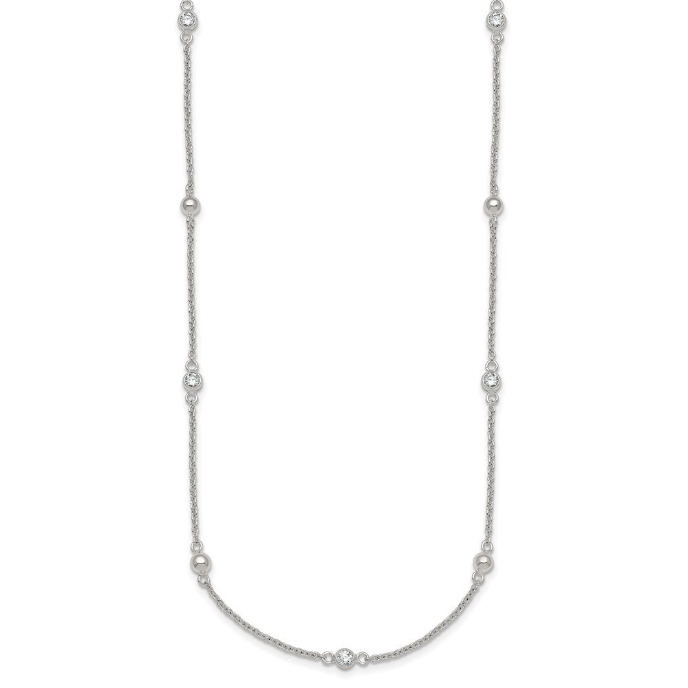 Sterling Silver Polished and Beaded CZ 6.75 inch with 0.5 inch Extension Bracelet