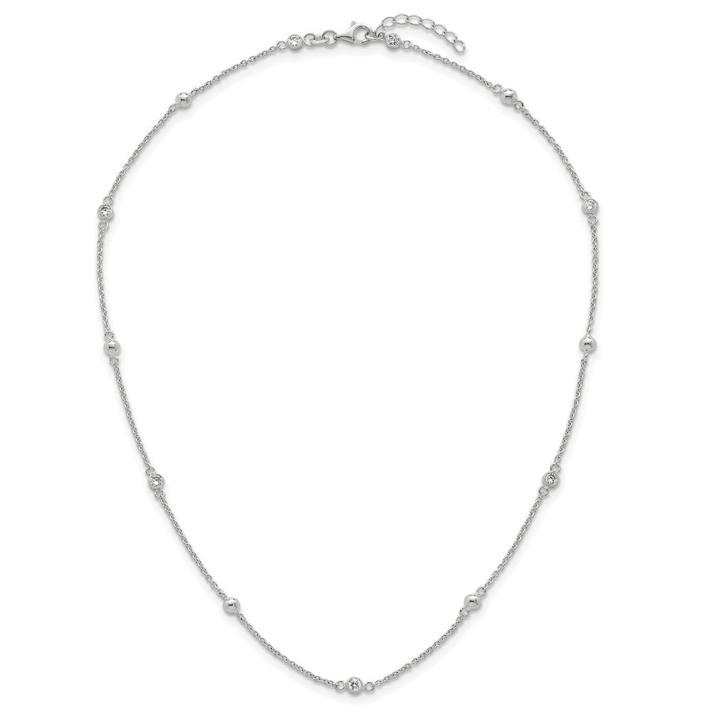Sterling Silver Polished and Beaded CZ 6.75 inch with 0.5 inch Extension Bracelet