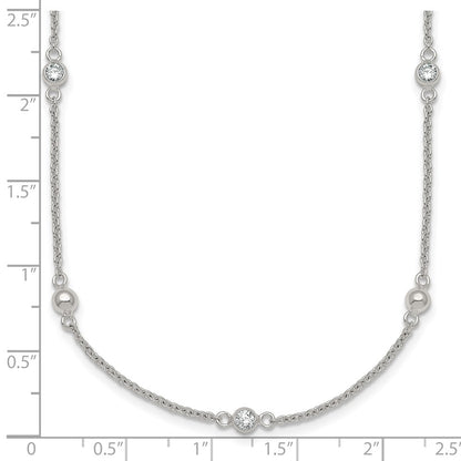 Sterling Silver Polished and Beaded CZ 6.75 inch with 0.5 inch Extension Bracelet