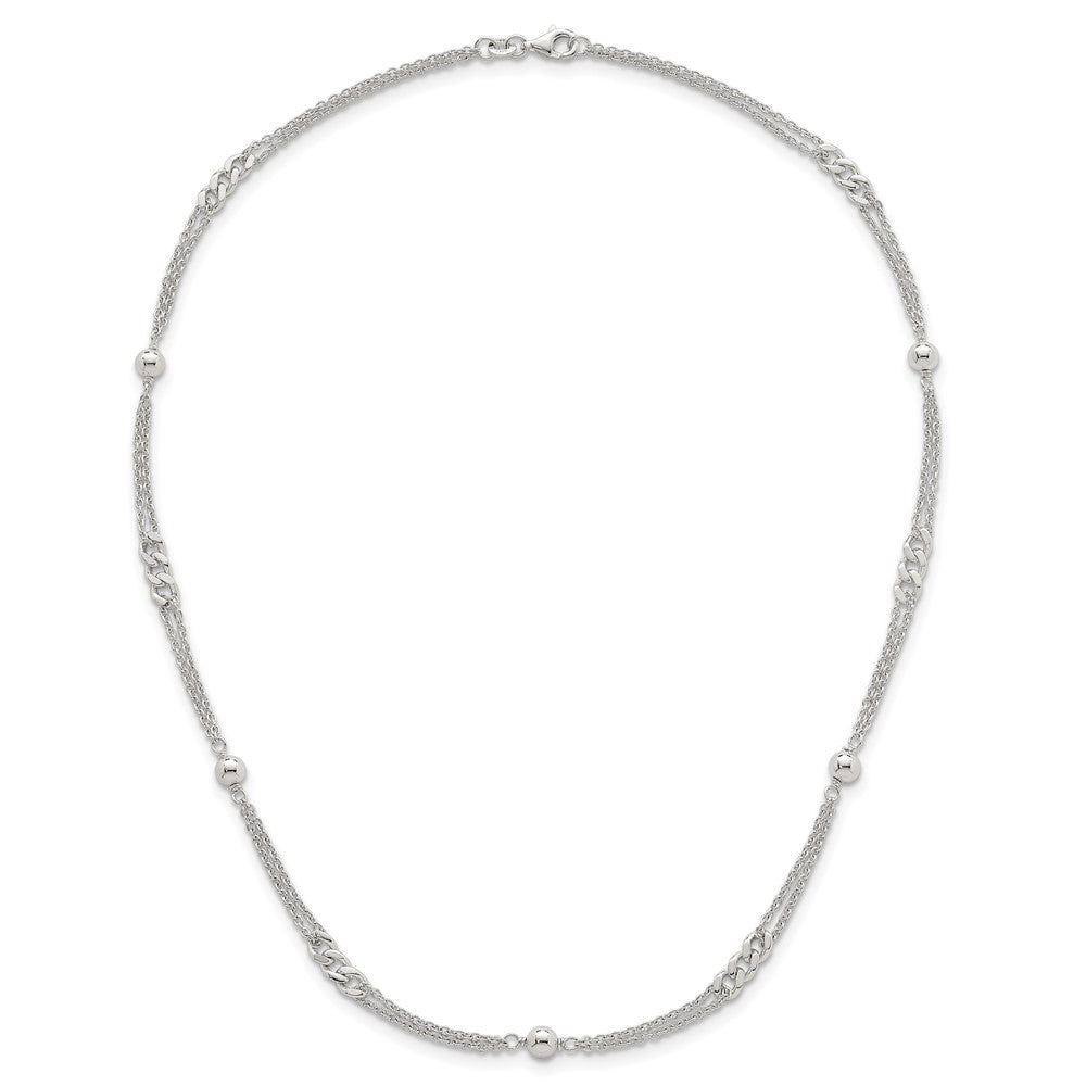 Sterling Silver Polished and Beaded Fancy Double-Strand Link 17.5 inch Necklace