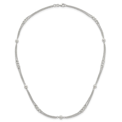 Sterling Silver Polished and Beaded Fancy Double-Strand Link 17.5 inch Necklace