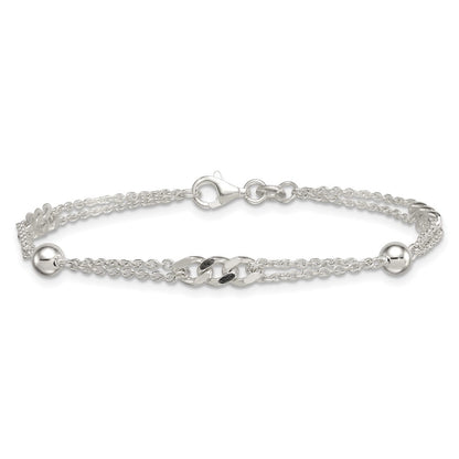 Sterling Silver Polished and Beaded Fancy Double-Strand Link 7.25 inch Bracelet