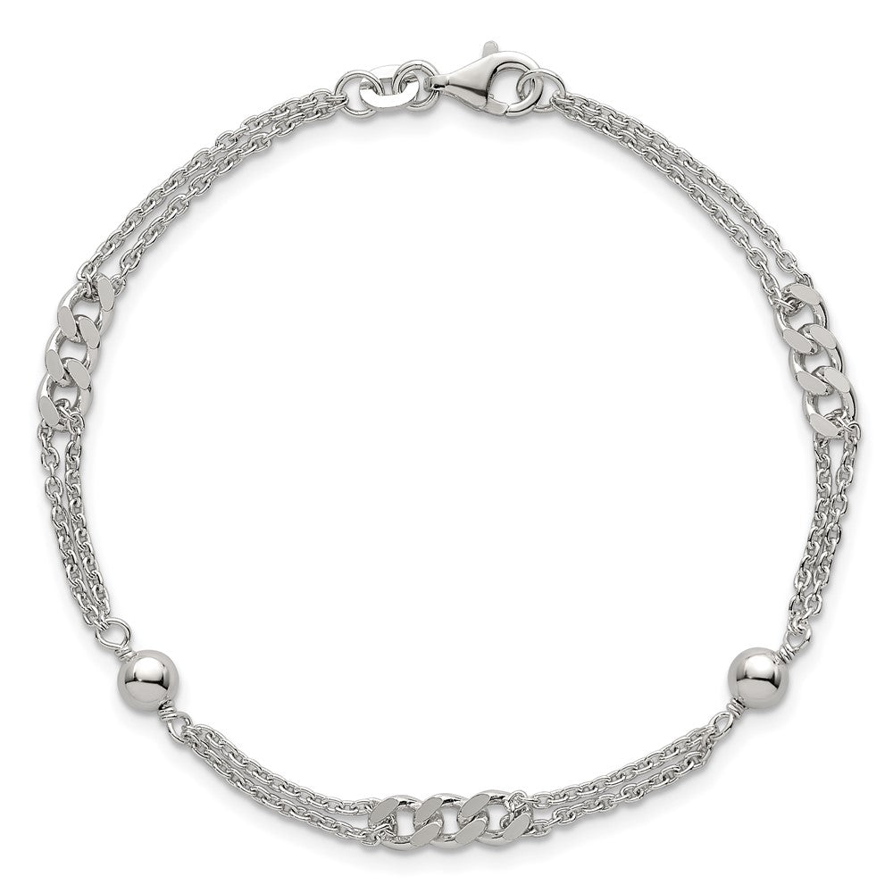 Sterling Silver Polished and Beaded Fancy Double-Strand Link 7.25 inch Bracelet