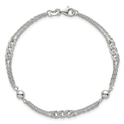 Sterling Silver Polished and Beaded Fancy Double-Strand Link 7.25 inch Bracelet