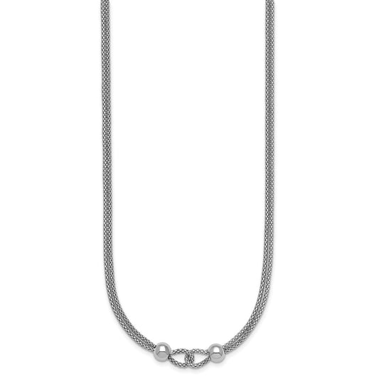 Sterling Silver Rhodium-plated Polished Beads Double Strand Mesh 16 inch with 2 inch Extender Necklace